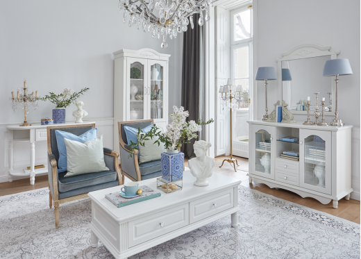 salon z witryną i ławą