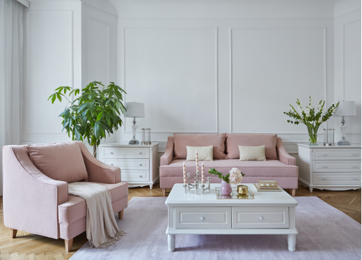 salon z różową sofą