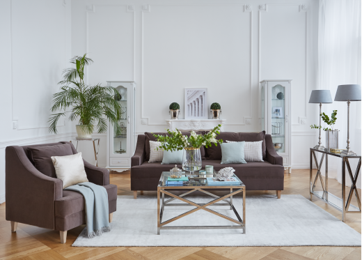brązowy fotel i sofa do salonu