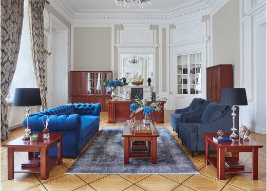 granatowa sofa w gabinecie